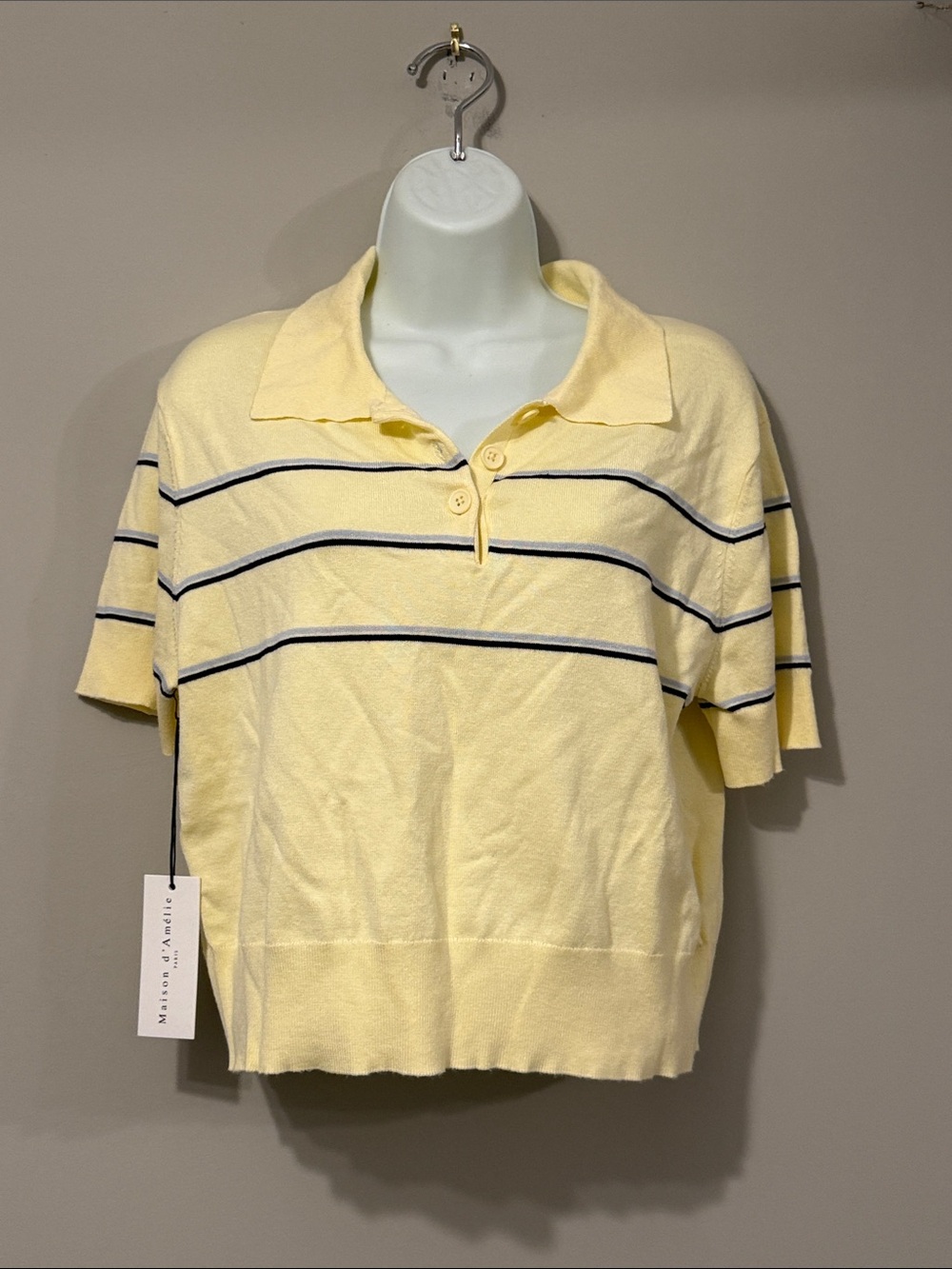 Maison d Amelie Pale Yellow Short-Sleeve Polo with Navy Stripes